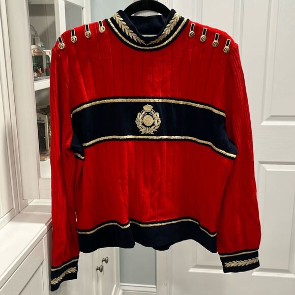 ST. JOHN COLLECTION Embroidered Logo Sweater, Red/Navy/Gold, Size L